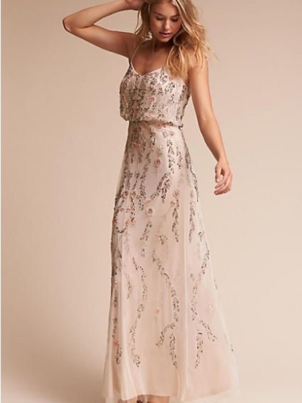 Adrianna Papell Blush Pink Floral Beaded Maxi Dress